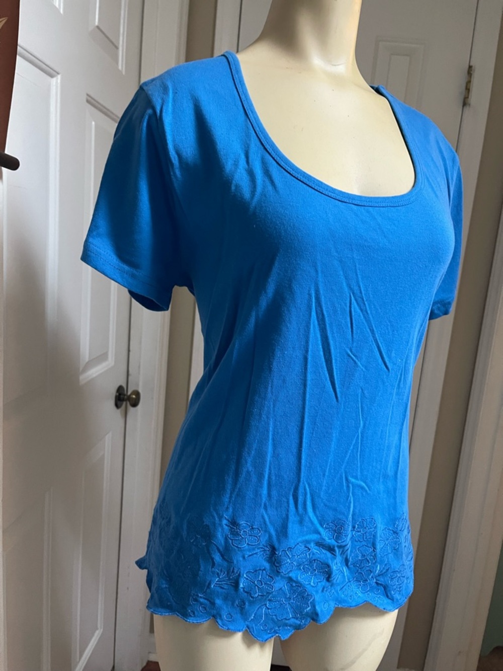 Kim Rogers Royal Blue Scoop Neck Short Sleeve Top with Floral Hem